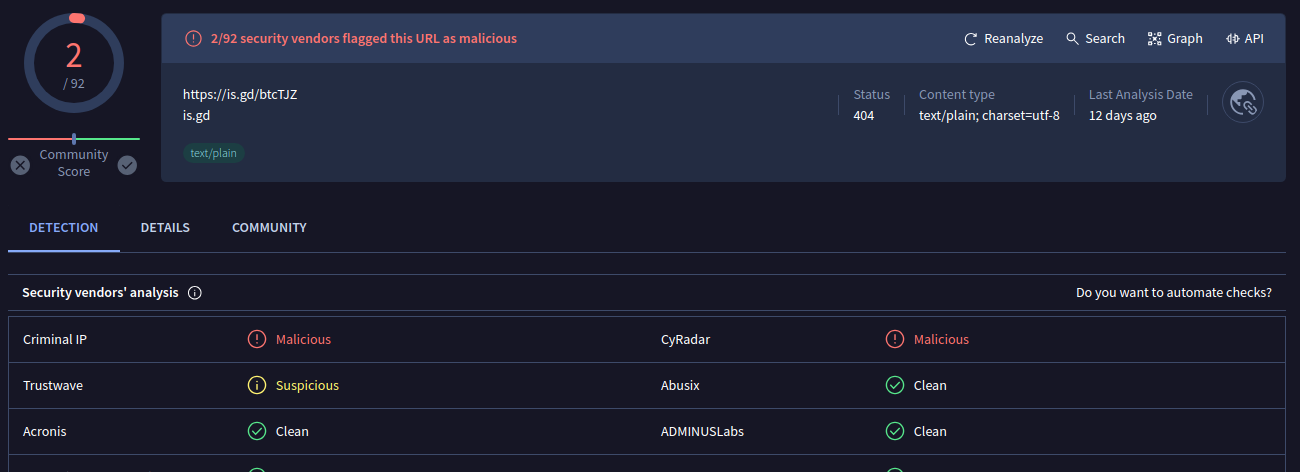 Detalle de captura de pantalla análisis completo url sospechosa