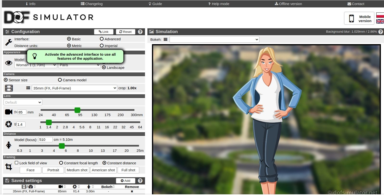 DOFsimulator, herramienta en línea que calcula la profundidad de campo