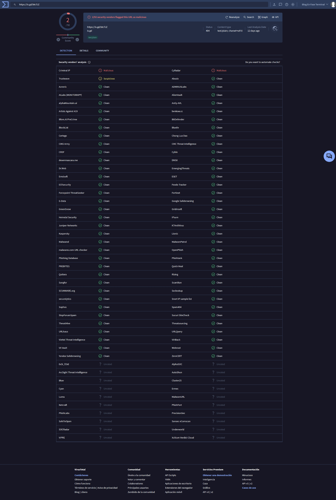 Captura de pantalla análisis completo url sospechosa