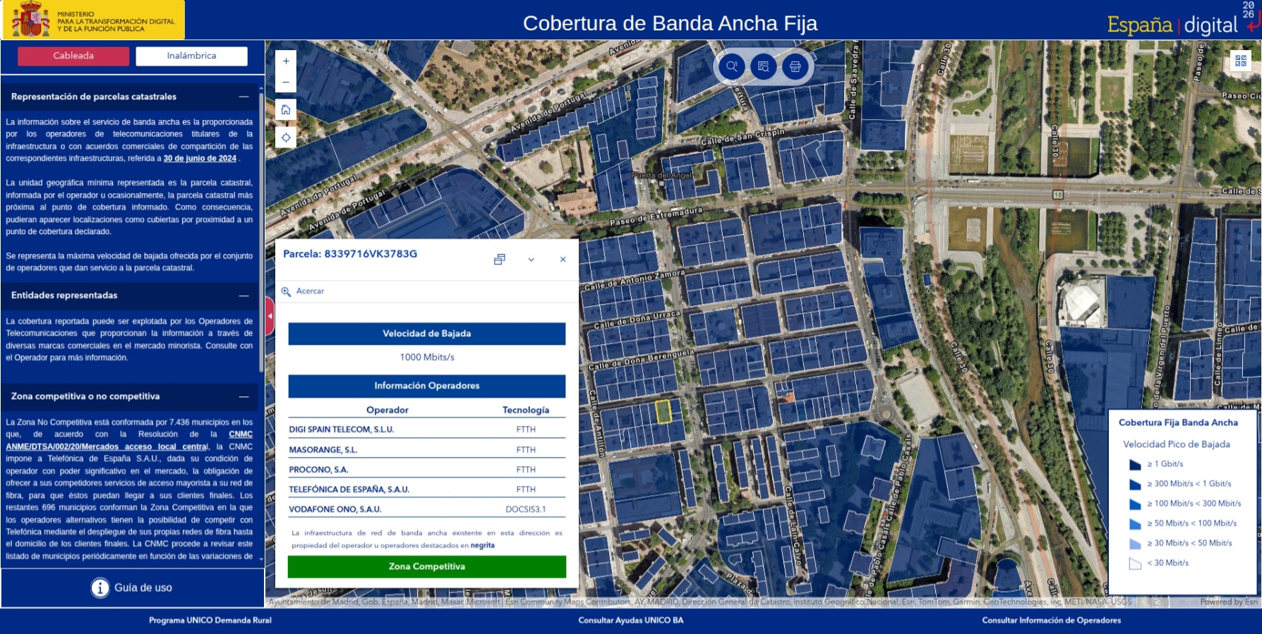 Cobertura banda ancha en una parcela de Madird