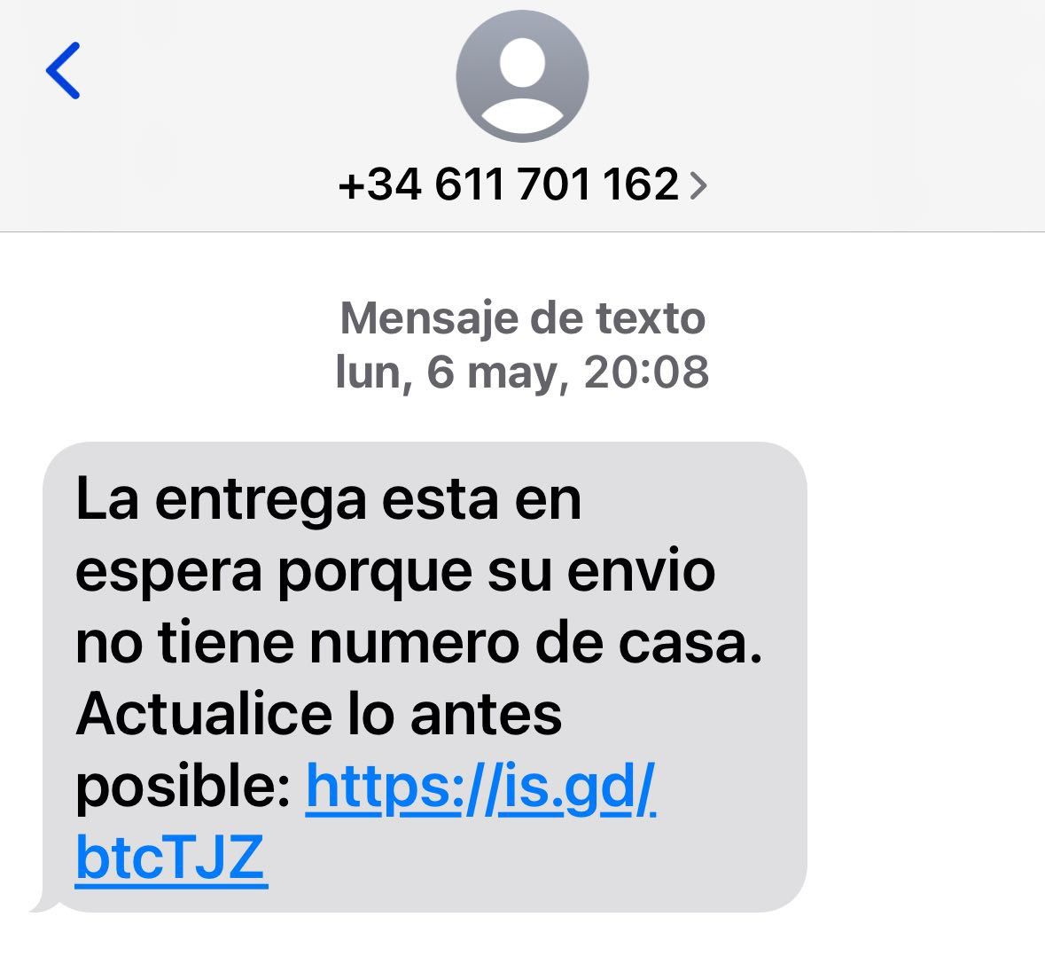 SMS de un desconocido: La entrea esta en espera porque su envio no tiene numero de casa. Actualice lo antes posible